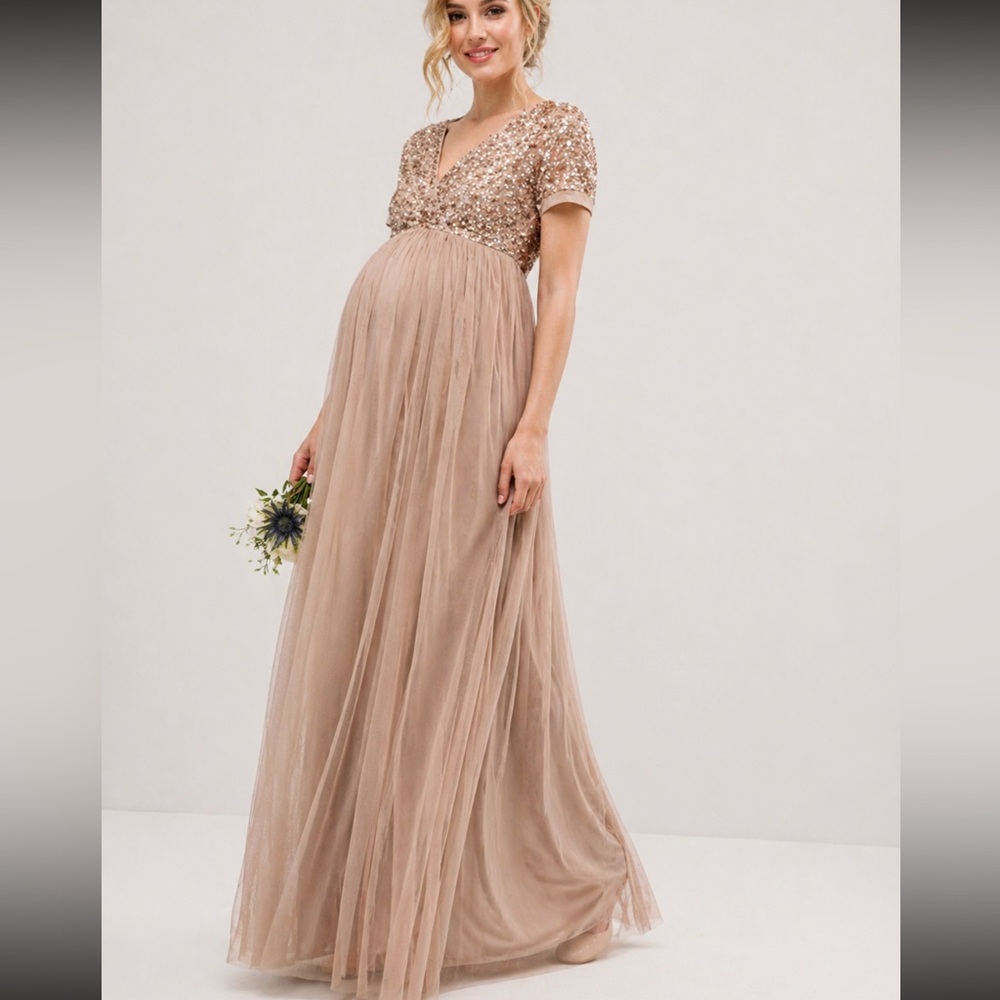 Maya Deluxe Designs Maternity Embellish Sequins Gown Dress champagne rose gold 8